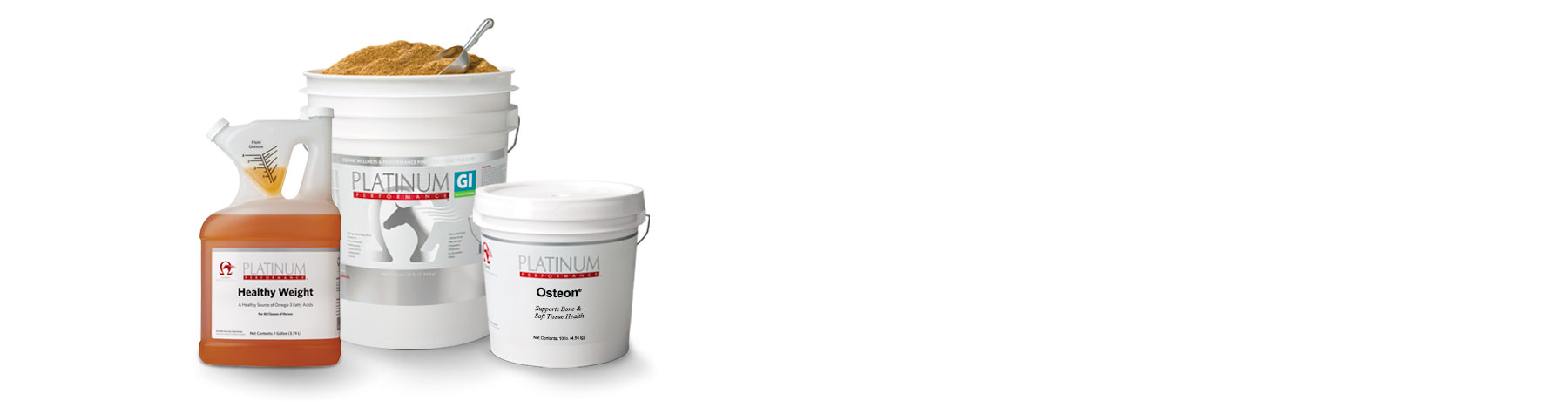 Buckets of Platinum Performance® Equine, Osteon®, and Bio-Sponge® Paste syringe