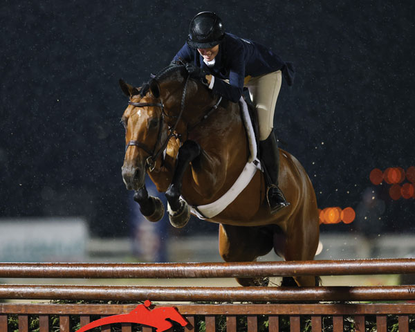 Jennifer Hannan and Cellestino jumping a fence at night